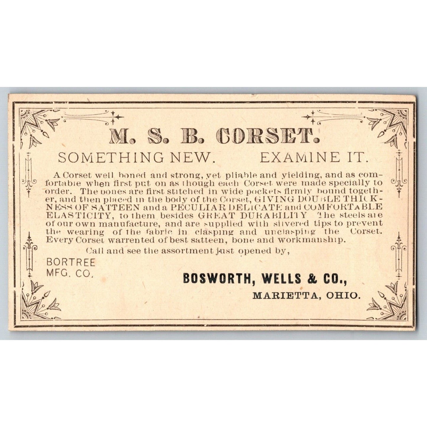 Bosworth, Wells & Co. MSB Corset Marietta, OH Victorian Trade Card Flowers