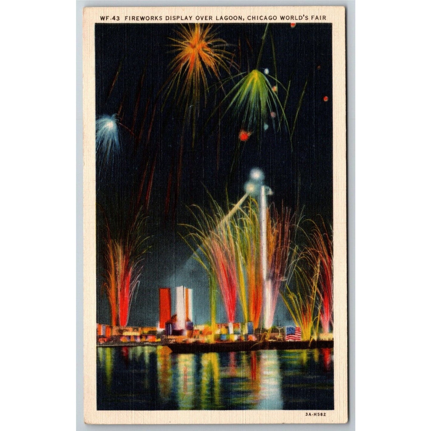 Vintage Linen Postcard 1933 Chicago World's Fair "Fireworks Display Over Lagoon"