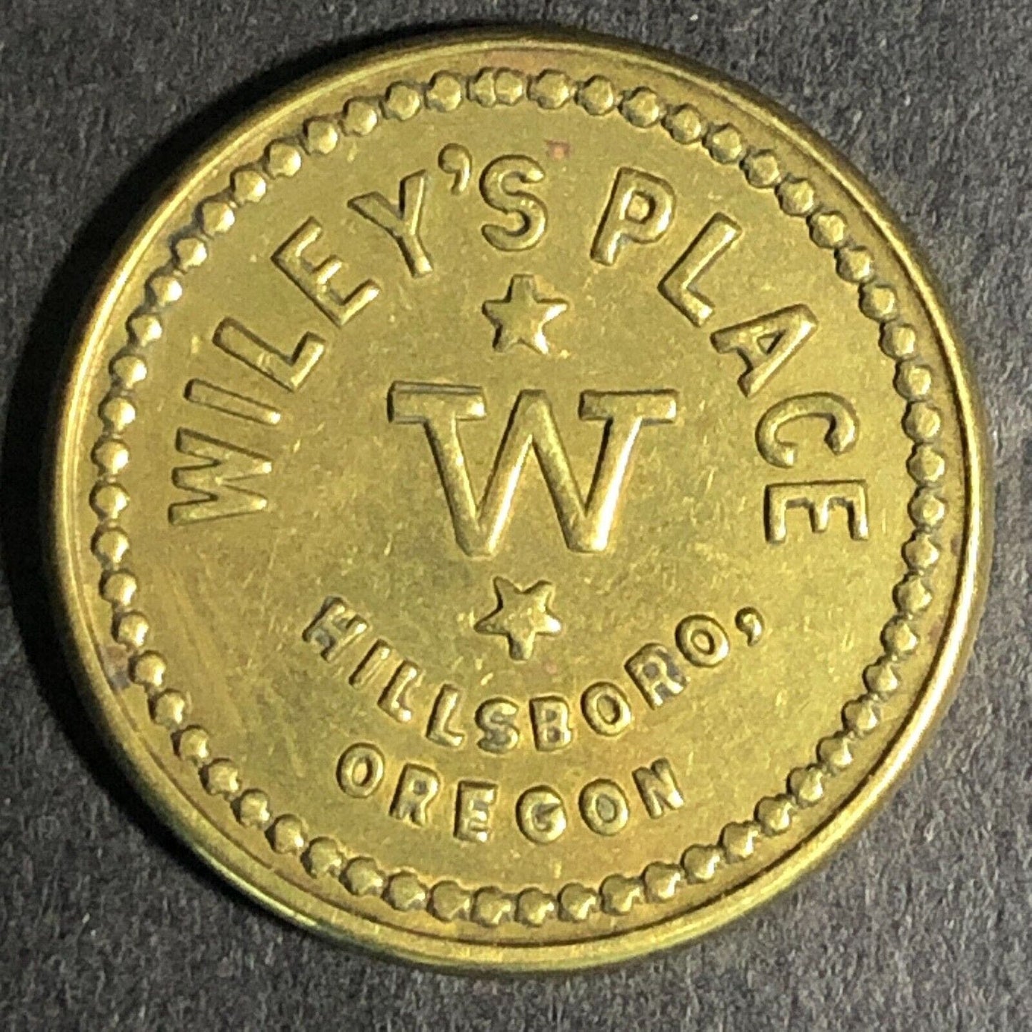 Wiley's Place Hillsboro Oregon - G/F 5c Brass Trade Token "W" 22mm