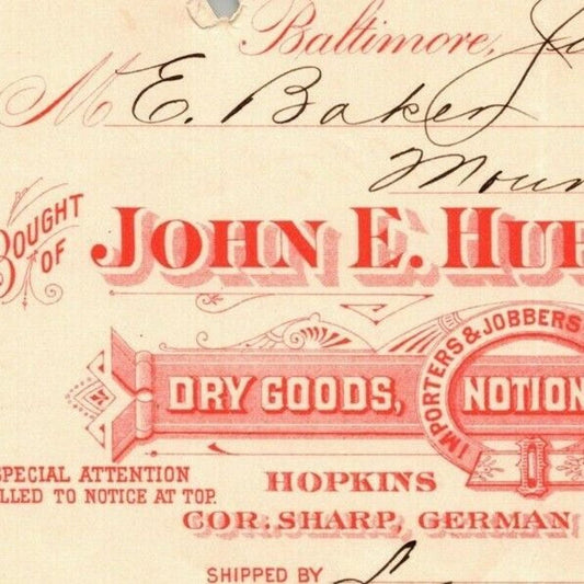 1900 Letterhead Billhead John E. Hurst Notions Baltimore Ephraim Baker*