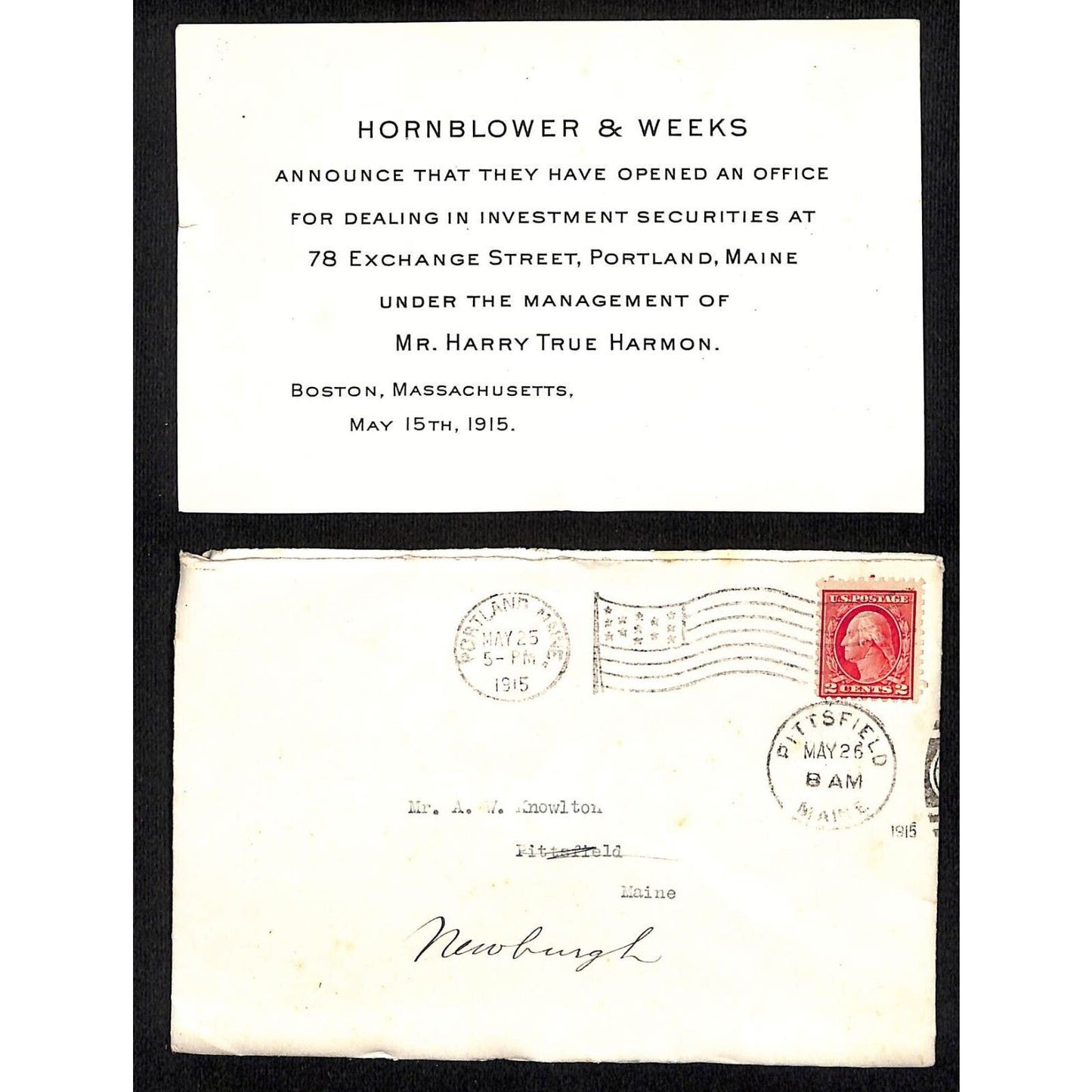 Newburgh, ME Amos W. Knowlton* 1915 Hornblower & Weeks Announcement Card