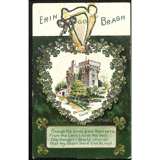 Irish Postcard Blarney Castle Harp Clovers Gilt Embossed Glitter c1910