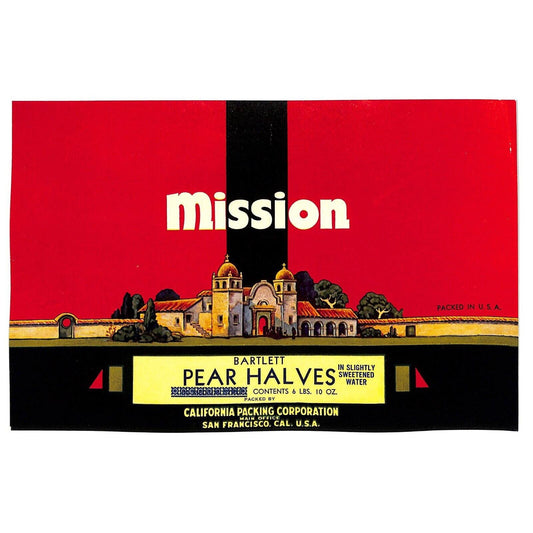1943 Paper Fruit Can Label Mission Brand Bartlett Pears Slightly - VGC Scarce