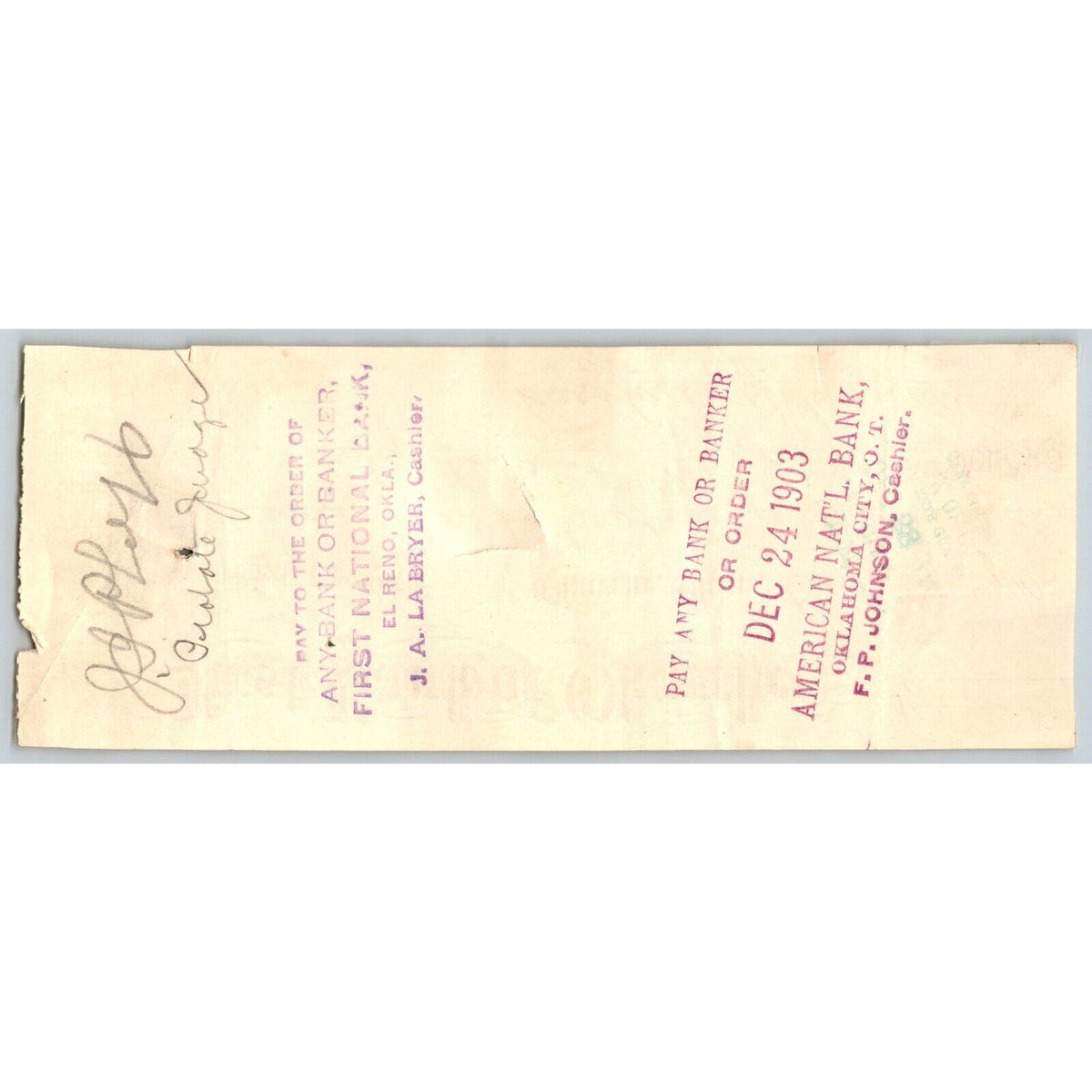 Okarche Oklahoma Territorial 1903 "First Bank of Okarche" Check - Scarce