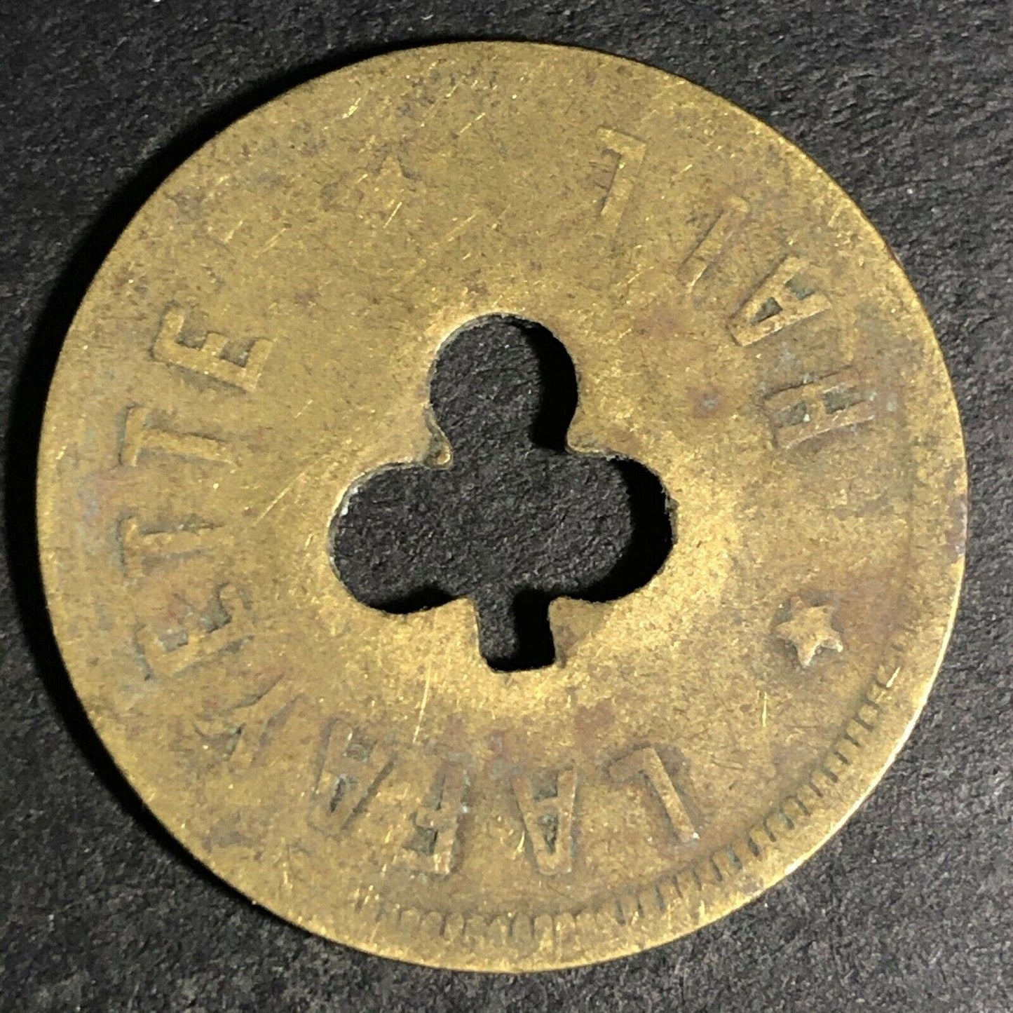24.5mm Brass Lafayette Hall (Saloon Sacramento, CA) Token Clover Shamrock (#48)