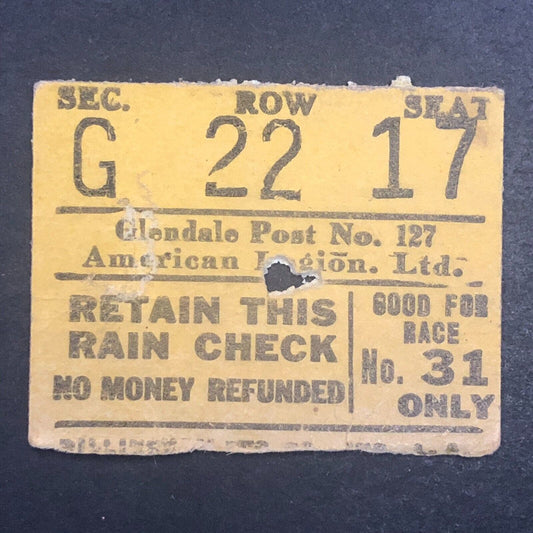 Glendale Post No. 127 American Legion (Ascot) Auto Racing Ticket Stub - Undated