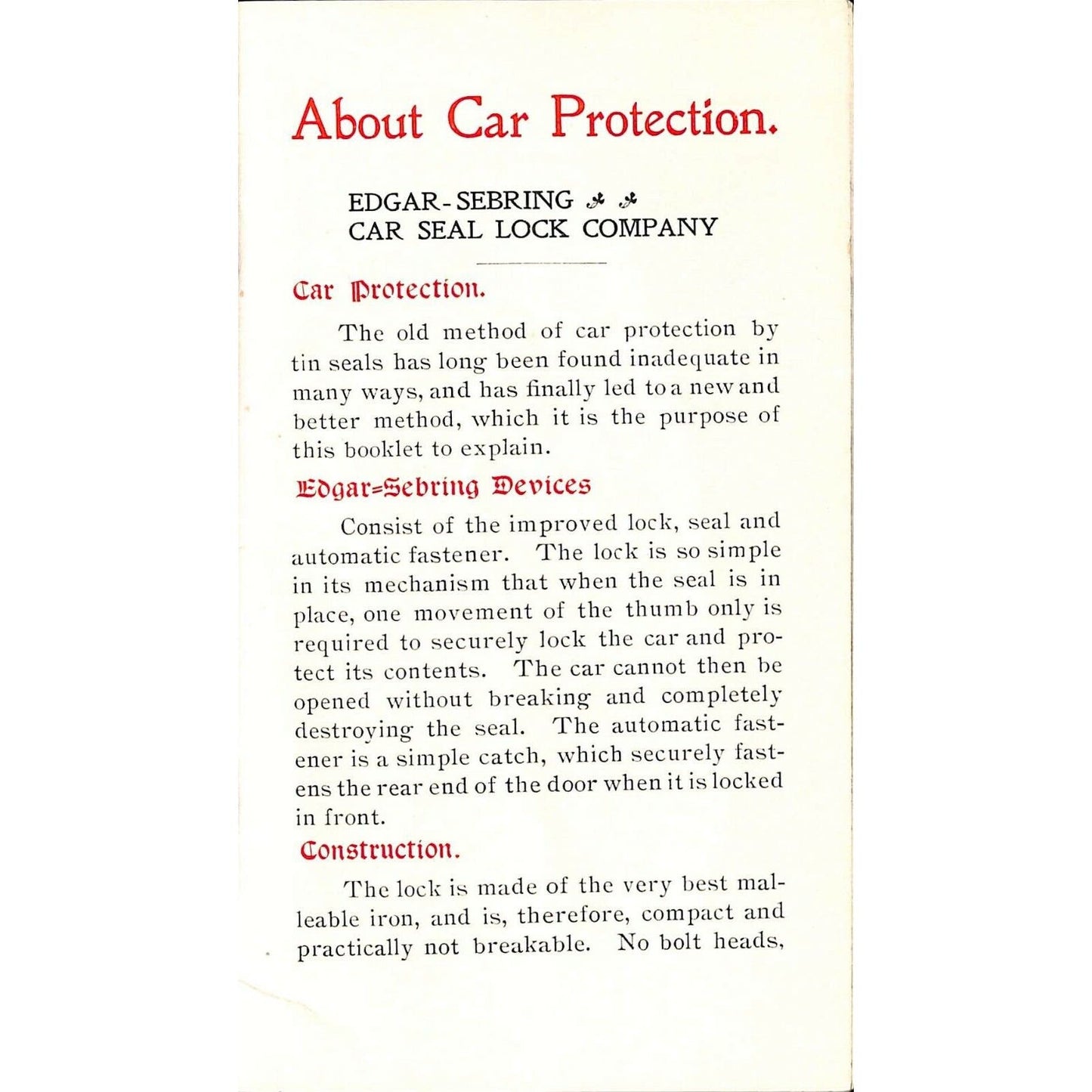 Scarce c1900 Edgar-Sebring Car Seal Lock Co. Catalog (Railroad) 24pp EXC