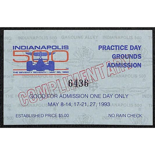 1993 Indy 500 Practice Day Admission Comp Ticket Pass Card IMS #6436