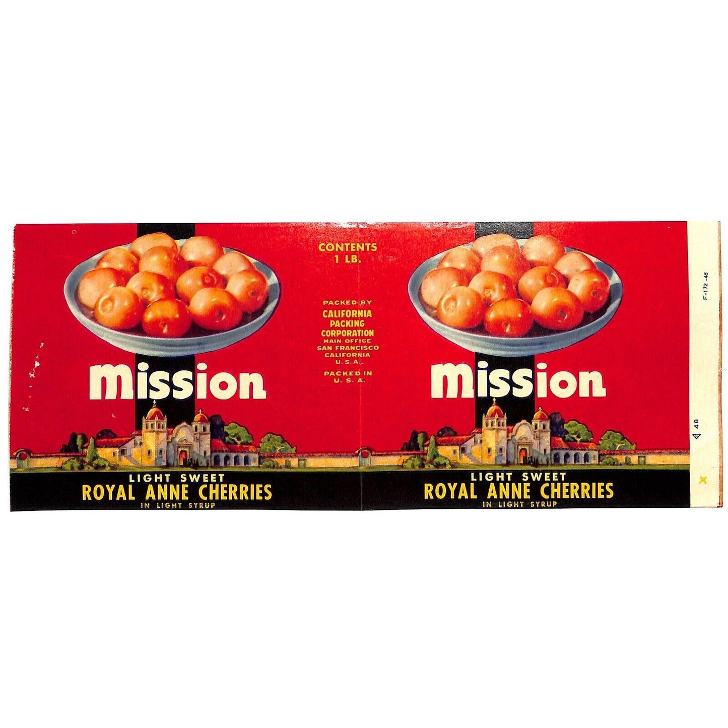 c1949 Paper Fruit Can Label Mission Brand Royal Anne Cherries - Scarce