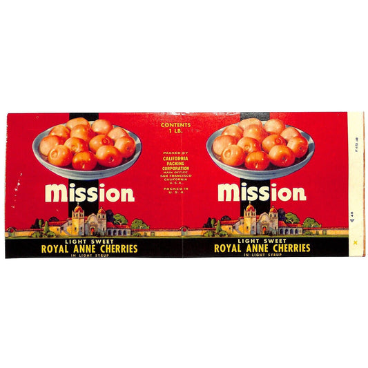c1949 Paper Fruit Can Label Mission Brand Royal Anne Cherries - Scarce