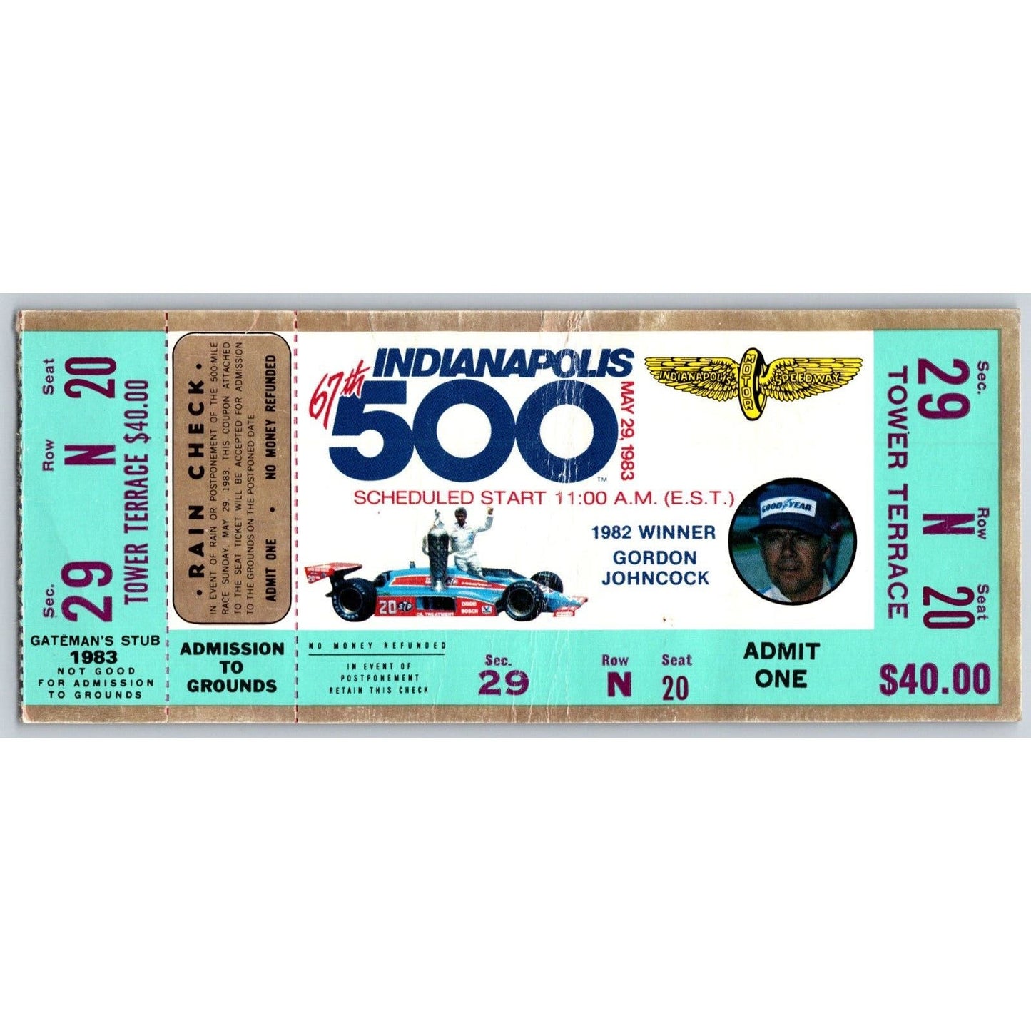 1983 Indy 500 Sec 29 seat 20 Ticket Stub - Ron Burton Estate