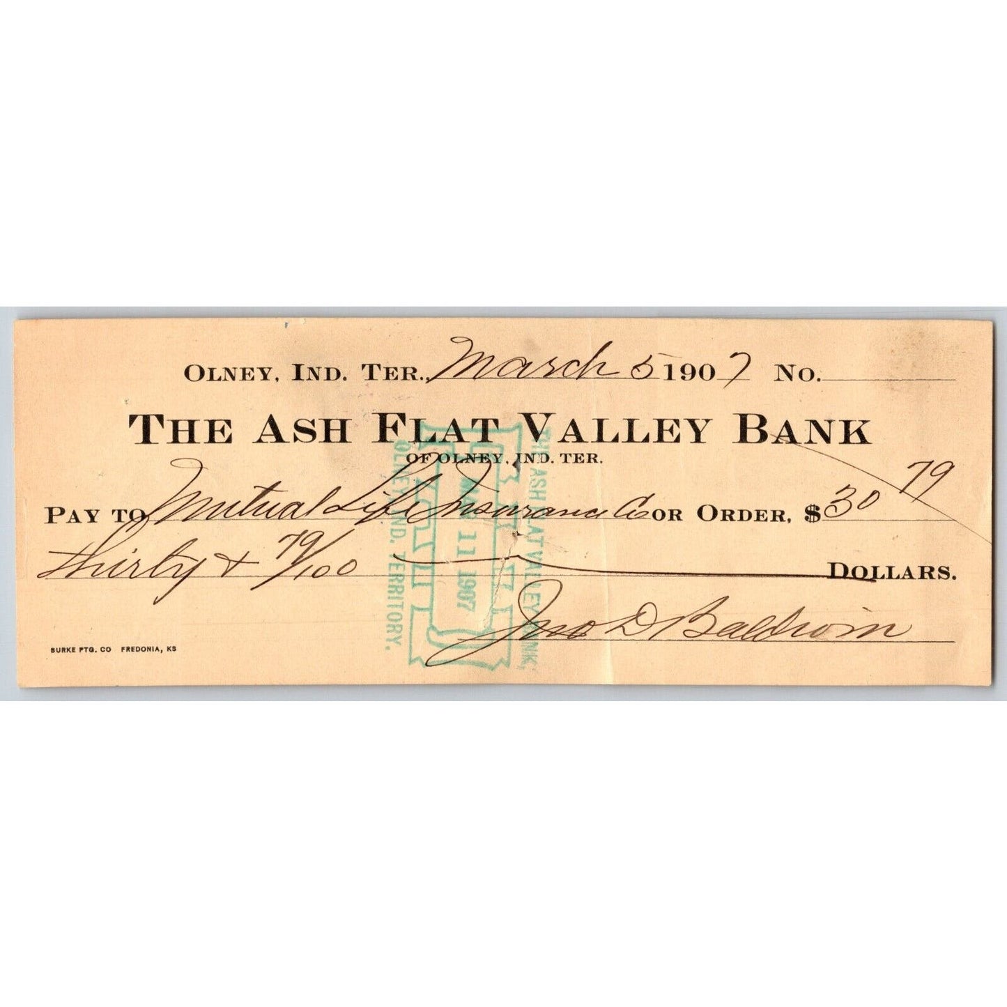 Olney, Oklahoma Indian Territory 1907 Ash Flat Valley Bank Check (Ghost Town)