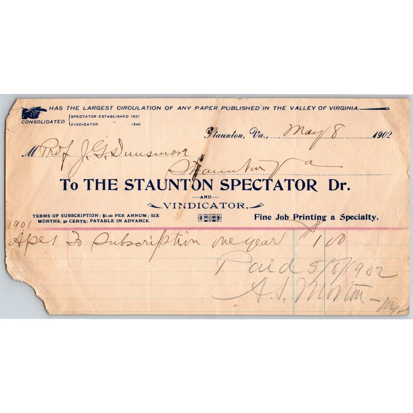 1902 Scarce Staunton Spectator and Vindicator Newspaper Billhead Letterhead VA