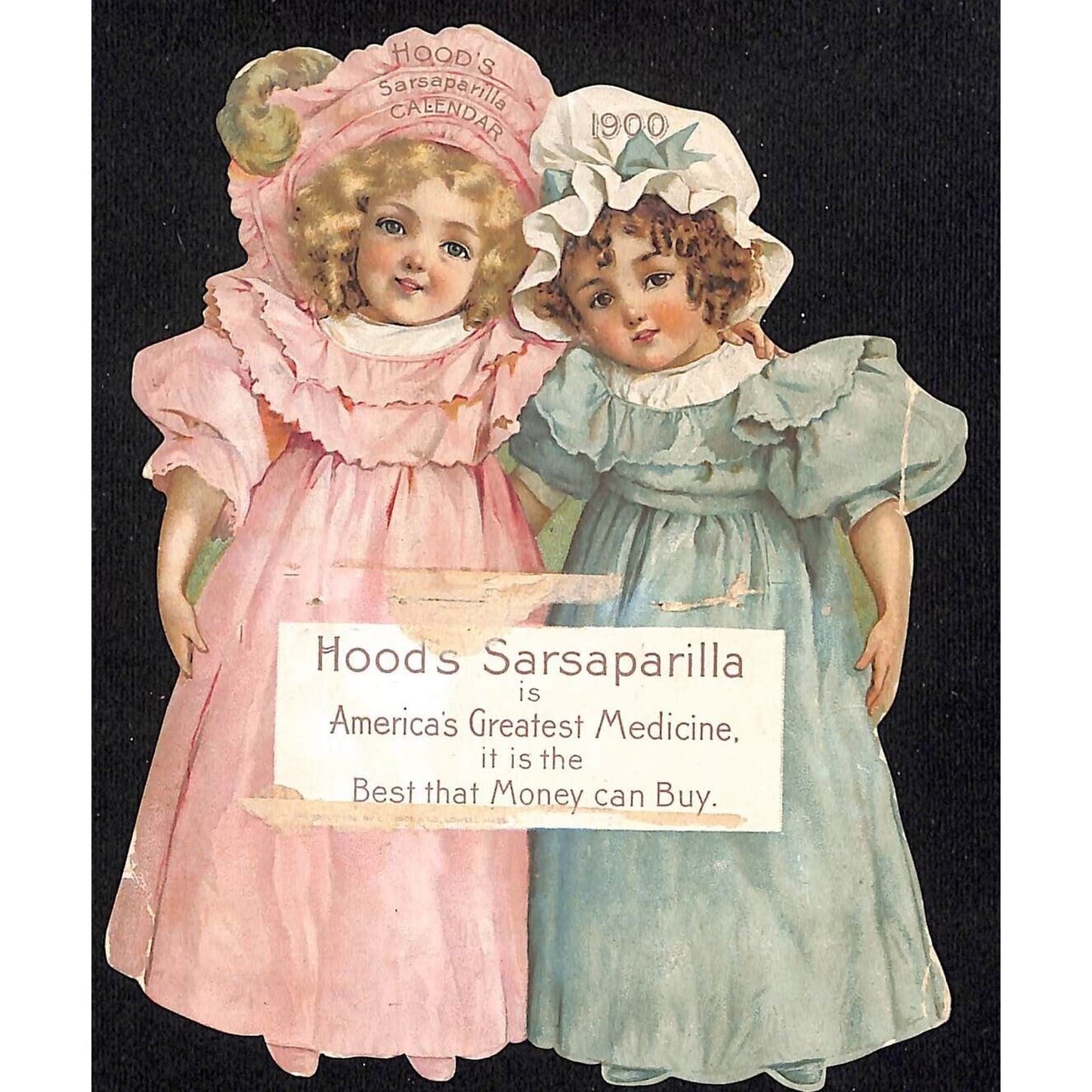 Hood's Sarsaparilla Victorian Trade Card 1900 / Girls Wearing Dresses / Bonnets