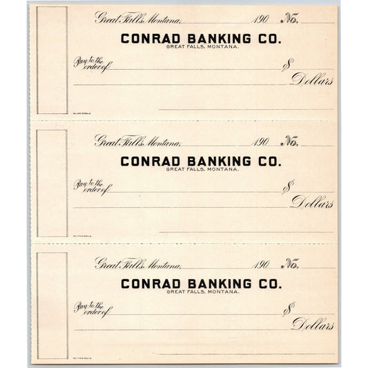 Great Falls Montana Conrad Banking Company Bank Check Sheet 1900 - 1909