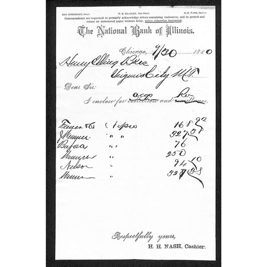 National Bank of Illinois Chicago 1880 Letterhead Enclosure Note Henry Elling*