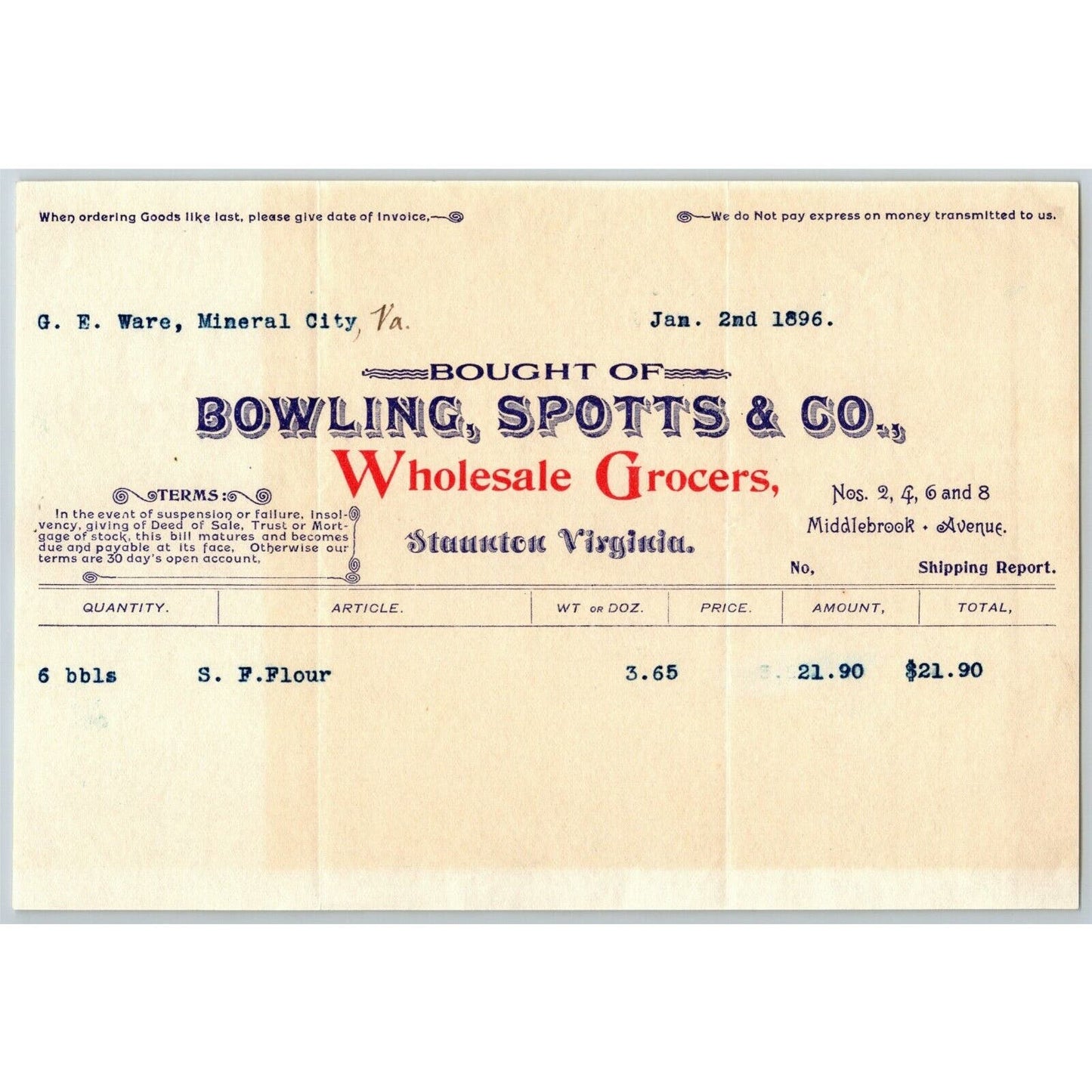 1896 Scarce Bowling, Spotts & Co Whsl. Grocers Billhead Letterhead Staunton, VA