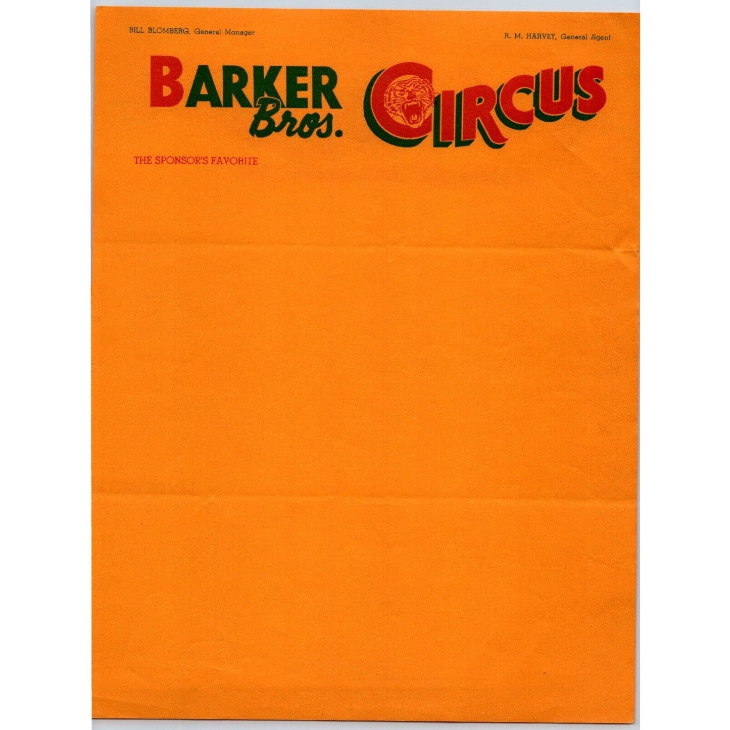 Barker Bros. Circus Letterhead 1951 "The Sponsor's Favorite"