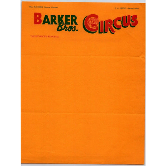 Barker Bros. Circus Letterhead 1951 "The Sponsor's Favorite"