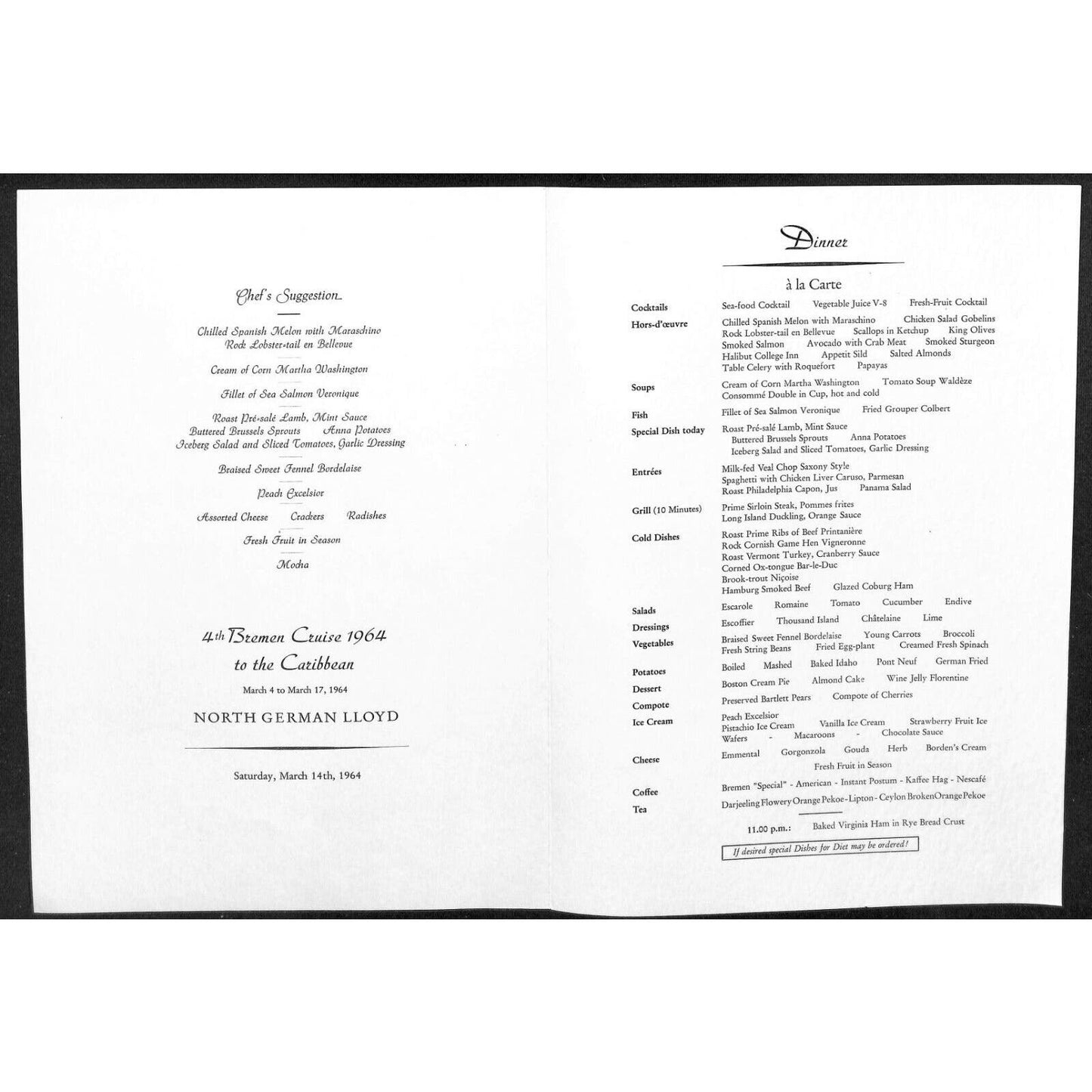 1964 North German Lloyd Bremen Cruise Line Dinner Menu Mar 14