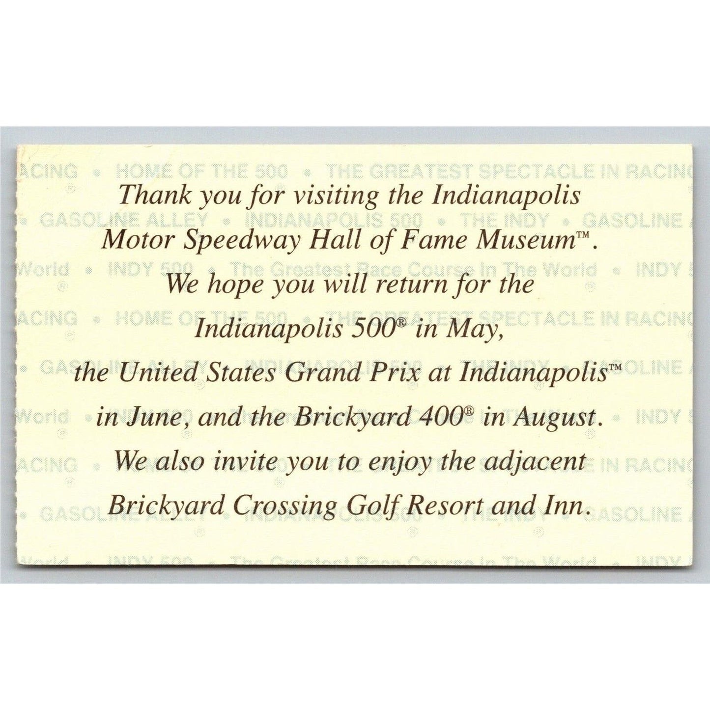 c1980's Indy 500 Hall of Fame Museum Youth Ticket Stub Card Indianapolis #83280