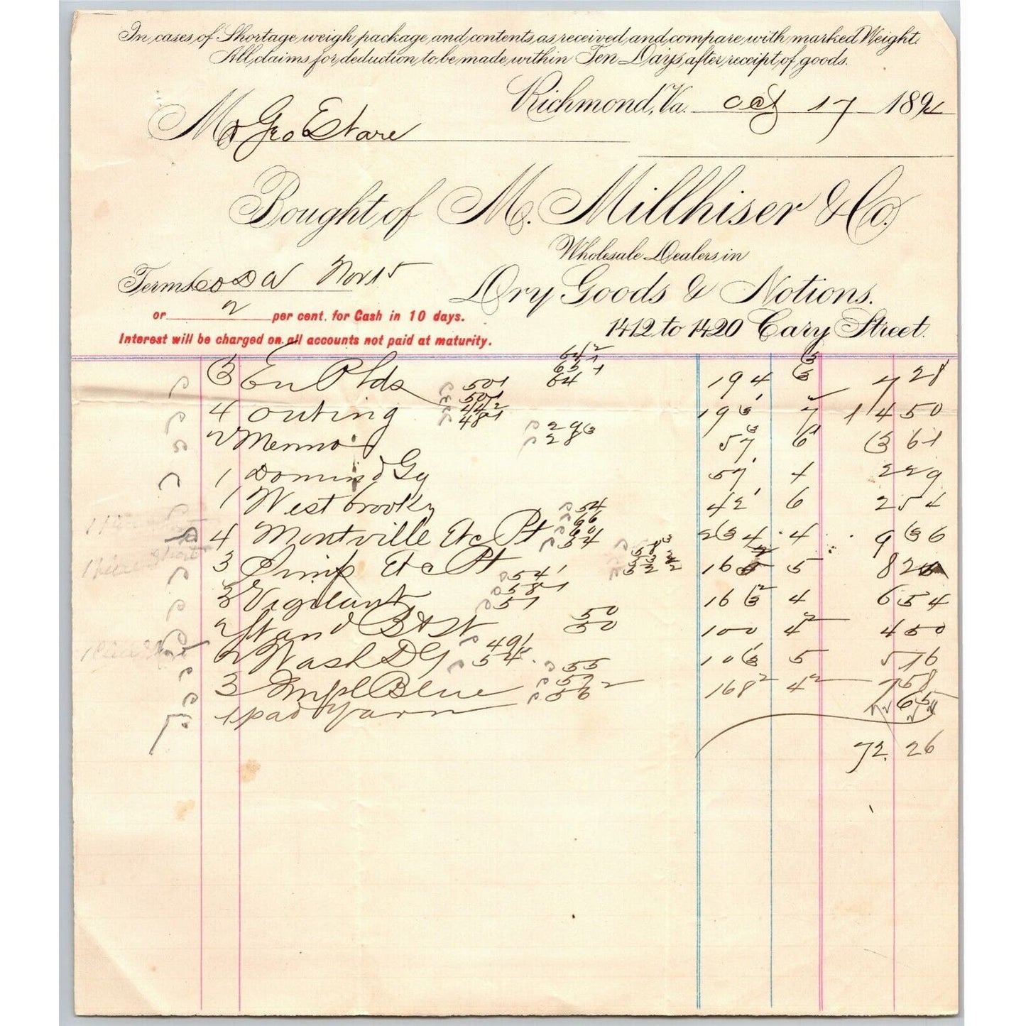 M. Millhiser & Co. Dry Goods Notions Richmond VA Letterhead to Geo. E. Wear 1894
