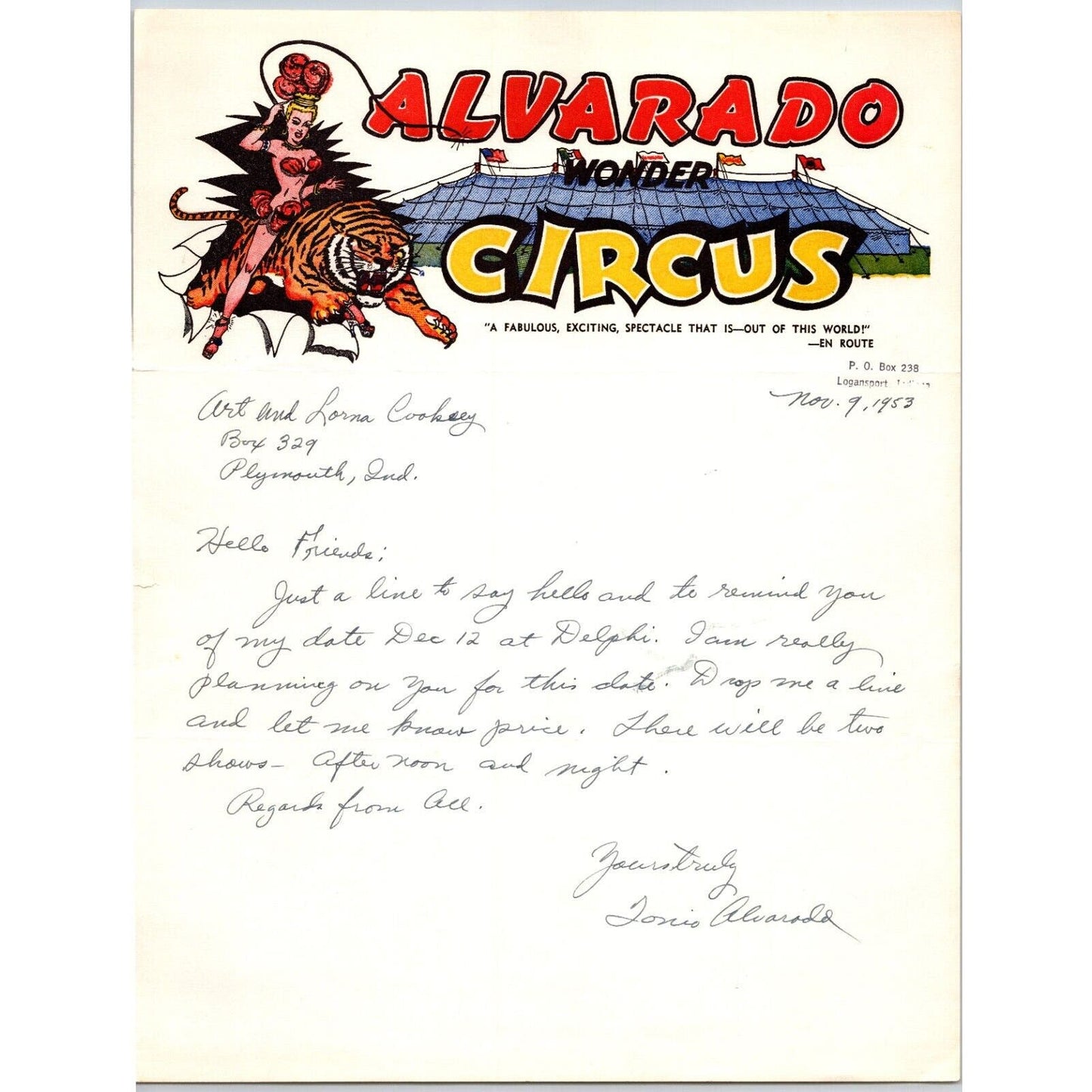 Alvarado Wonder Circus Letterhead 1953 Woman w/ Whip Rides Tiger Big Top Scarce