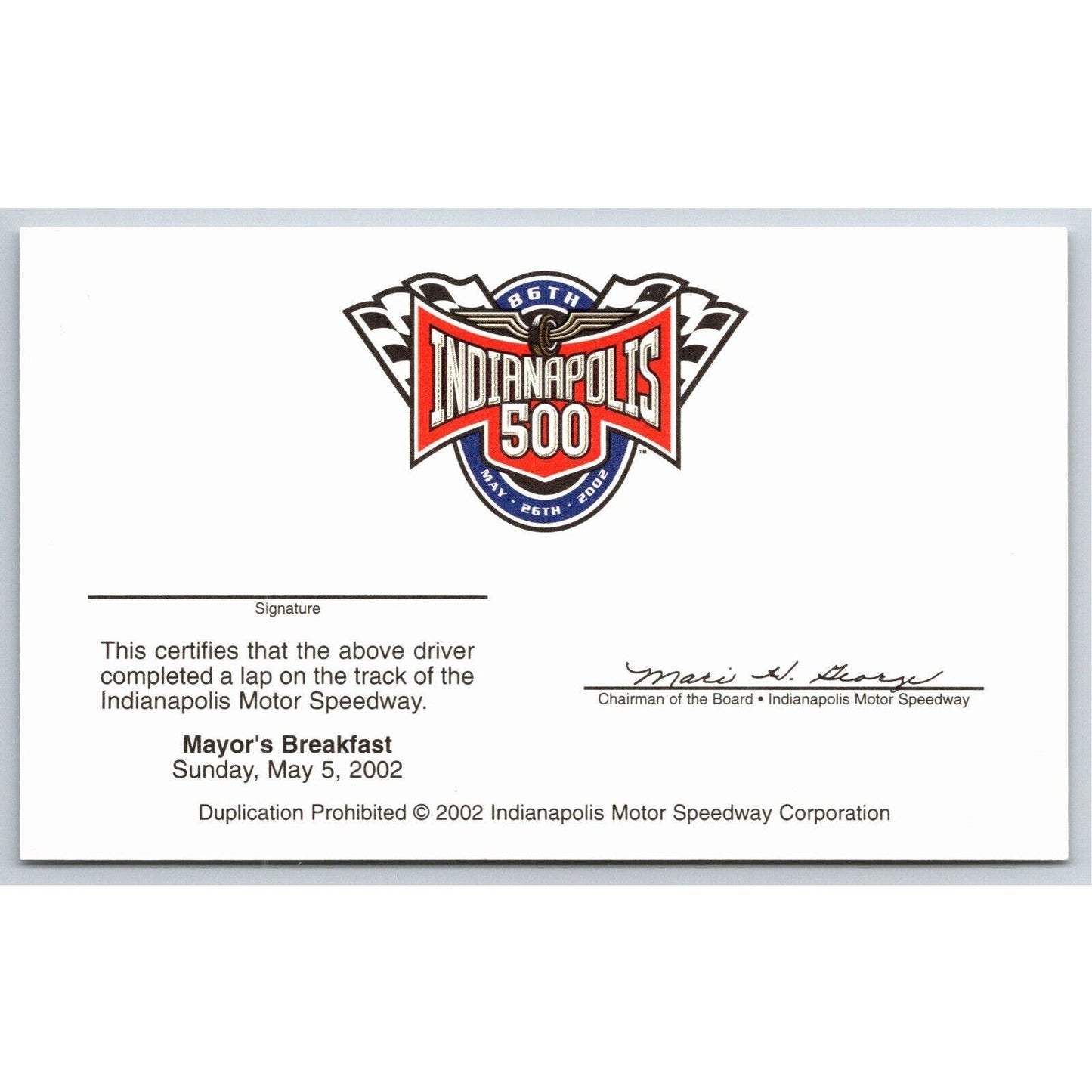 2002 Indy 500 Mayor's Breakfast / Lap Completion Unused Card Indianapolis IMS