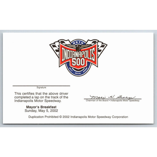2002 Indy 500 Mayor's Breakfast / Lap Completion Unused Card Indianapolis IMS