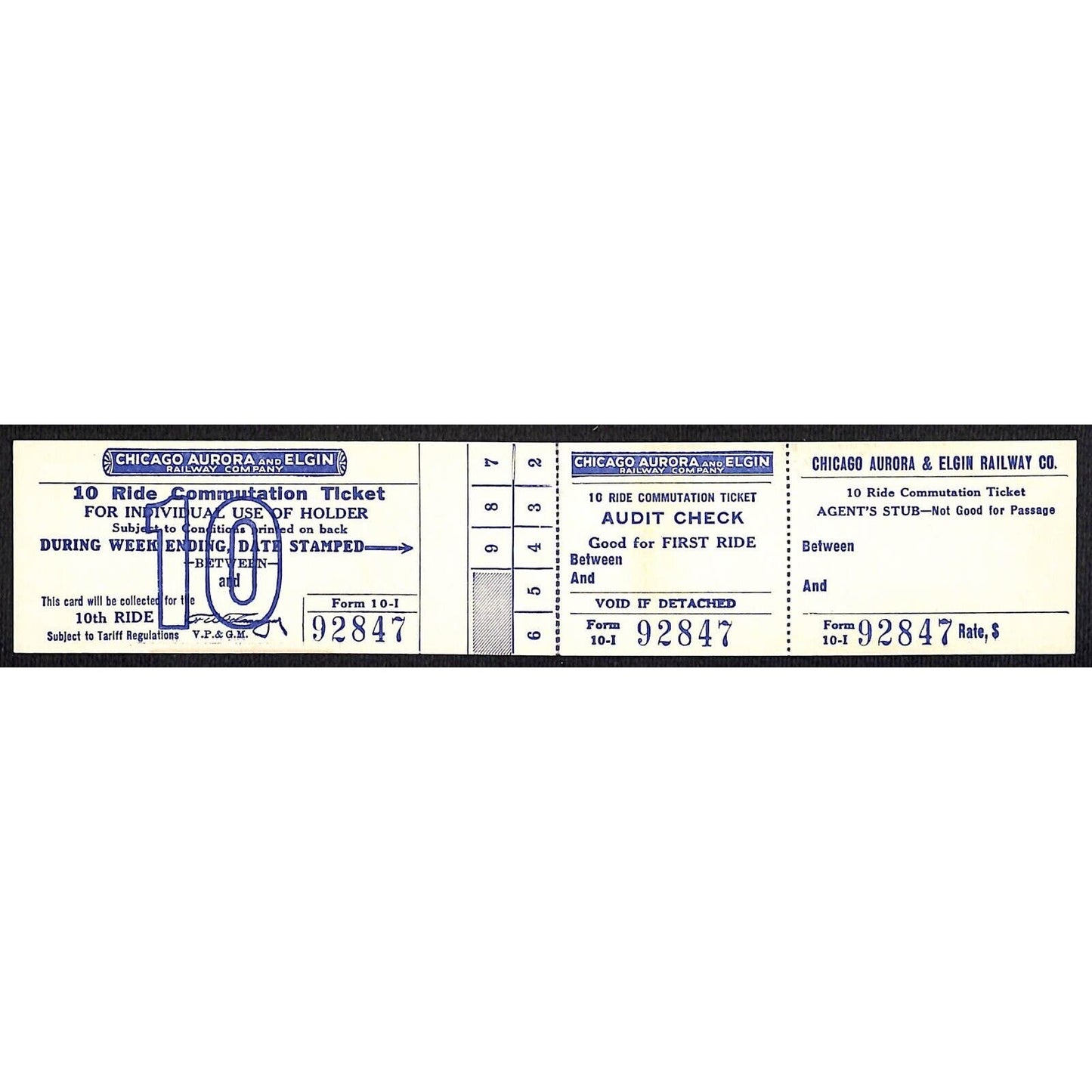 Chicago Aurora and Elgin RY (1902-57) 10-Ride Ticket w/ Agent's Stub CA&E #92847