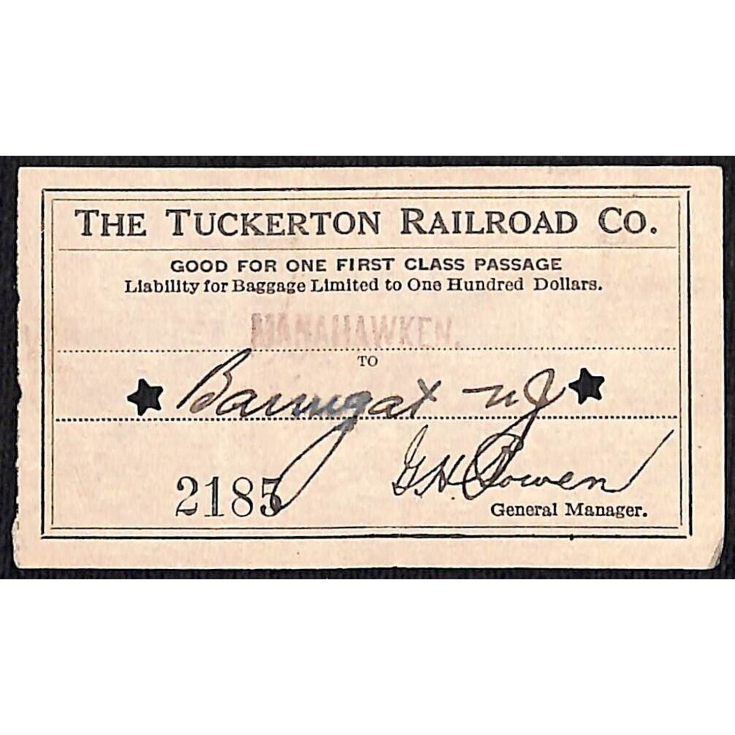 1931 Tuckerton Railroad First Class Ticket Manahawken, NJ Scarce #2185