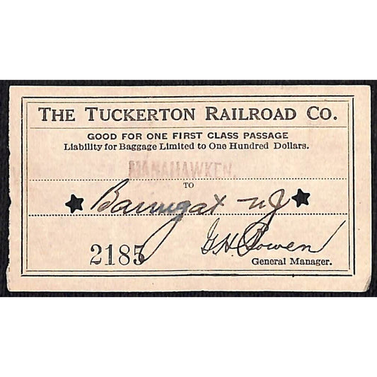 1931 Tuckerton Railroad First Class Ticket Manahawken, NJ Scarce #2185