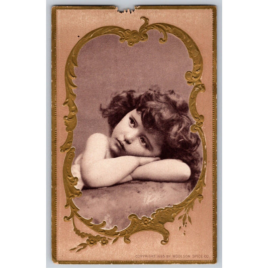 Woolson Spice Victorian Trade Card Sad Girl Portrait w/ Embossing