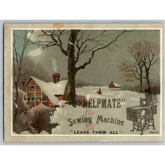 Helpmate Sewing Machine Victorian Trade Card - Outdoor Winter Home Scene