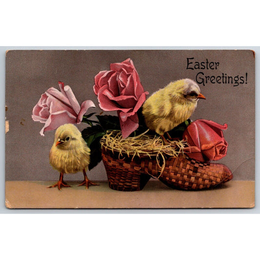 Easter Postcard Baby Chicks Wicker? Shoe Roses l PM 1911