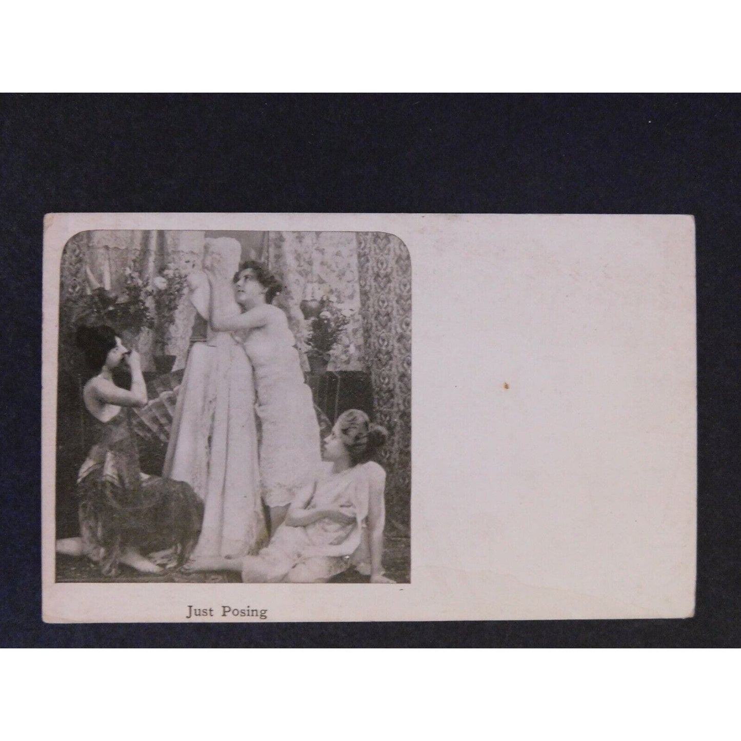 Vintage Postcard "Just Posing" Three Women Posing Near Statue