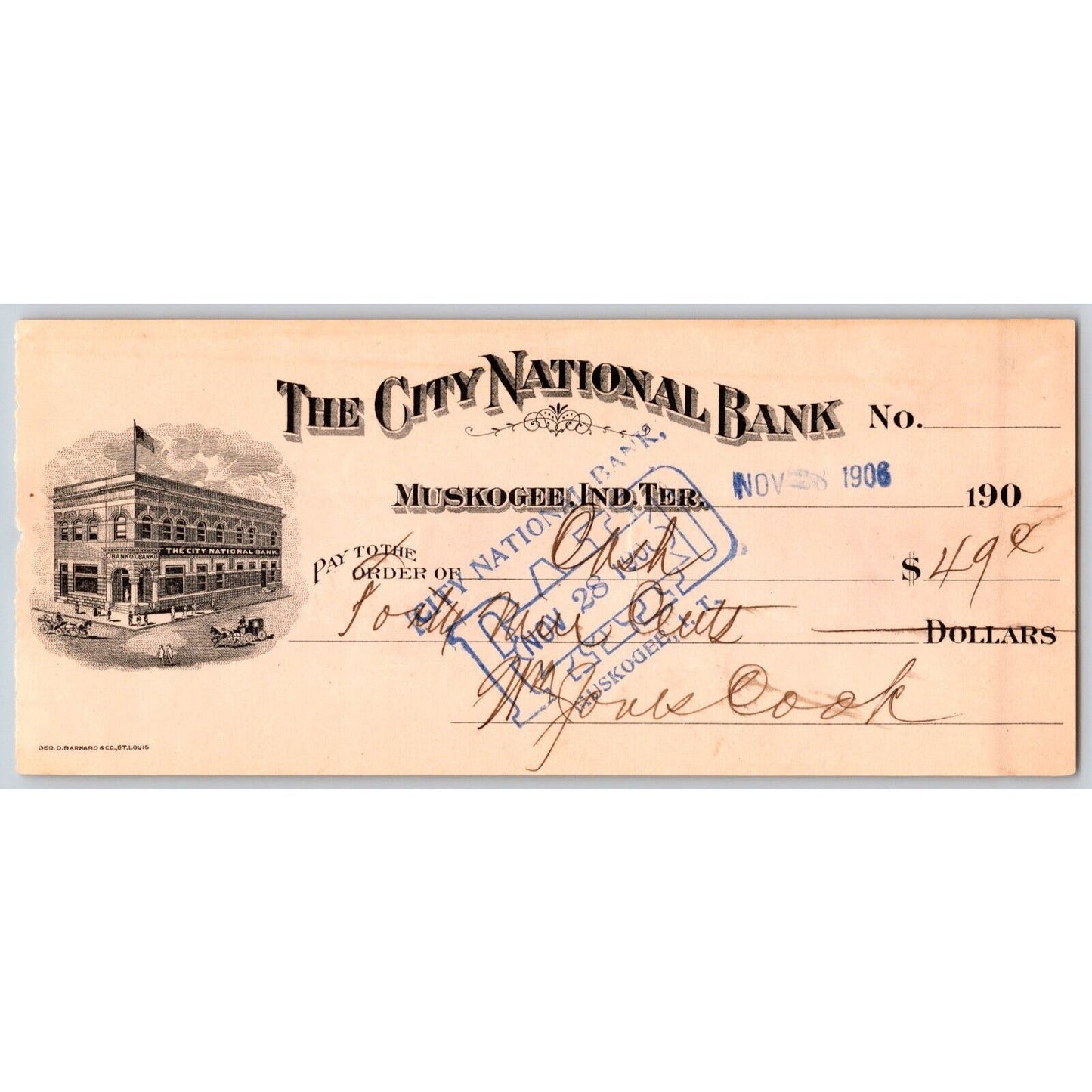 Muskogee, OK 1906 Indian Territory "City National Bank" Check Vignette - Scarce