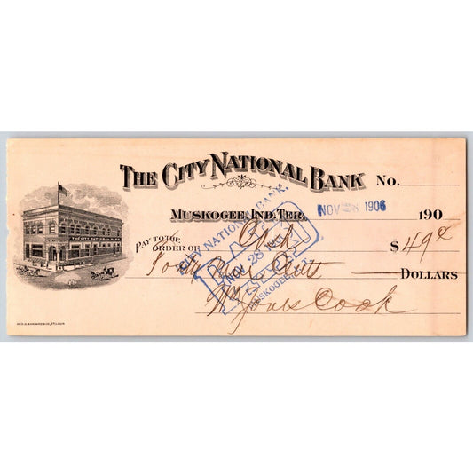 Muskogee, OK 1906 Indian Territory "City National Bank" Check Vignette - Scarce