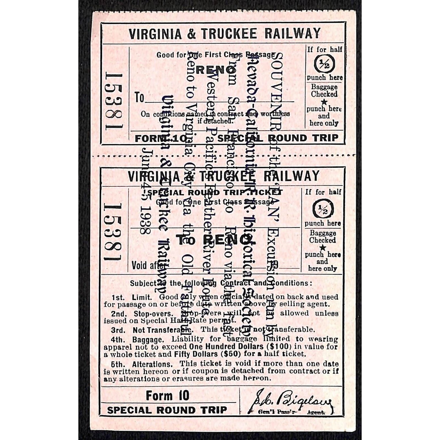 1938 Virginia & Truckee Railway Fan Excursion Souvenir Ticket RT to Reno Scarce