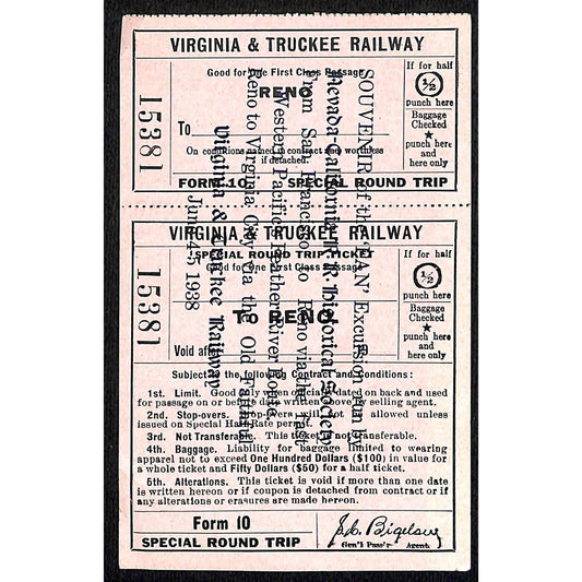 1938 Virginia & Truckee Railway Fan Excursion Souvenir Ticket RT to Reno Scarce