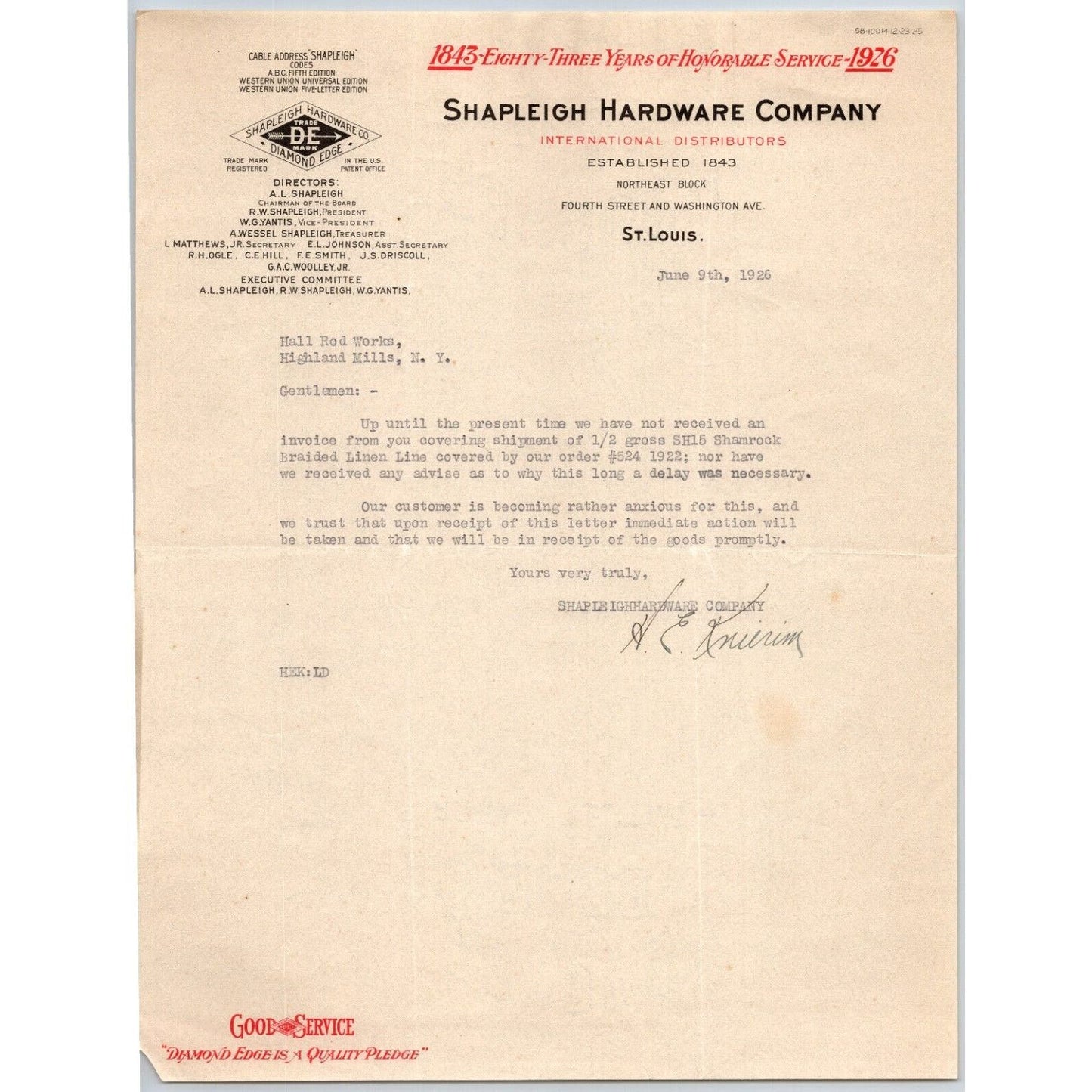 St. Louis Shapleigh Hardware Co. Diamond Edge 1926 Letterhead
