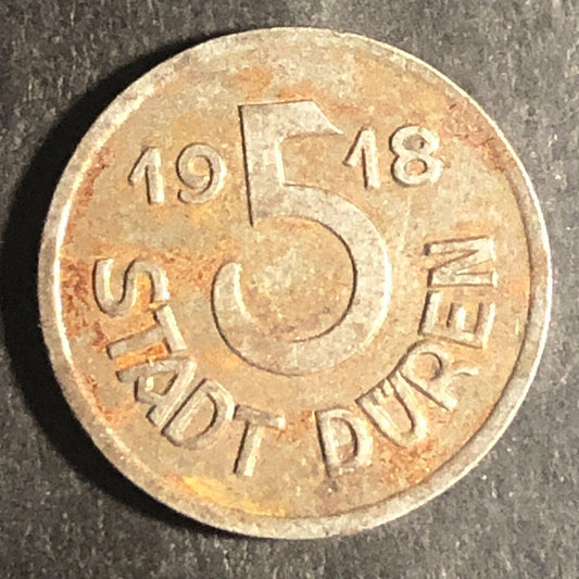 1918 Stadt Duren 5 Pfennig Coin WWI War Money Germany 18.6mm