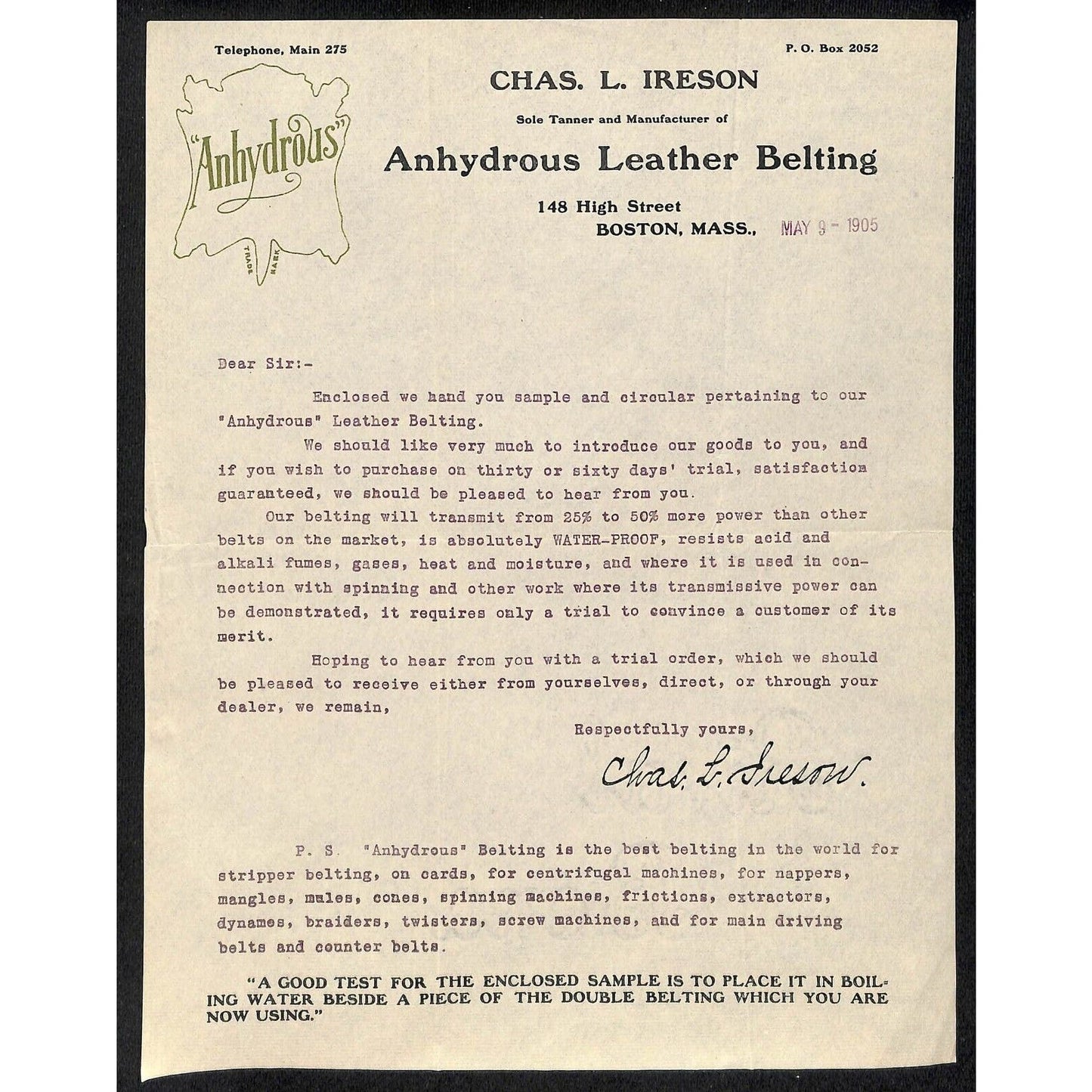 Boston, MA Chas. L. Ireson Anhydrous Leather Belting 1905 Letterhead