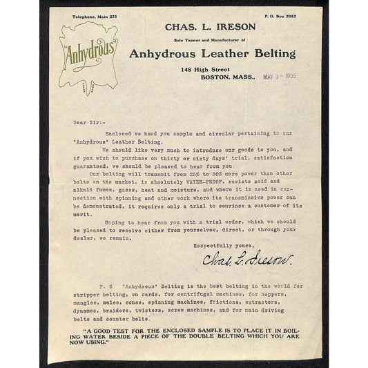Boston, MA Chas. L. Ireson Anhydrous Leather Belting 1905 Letterhead