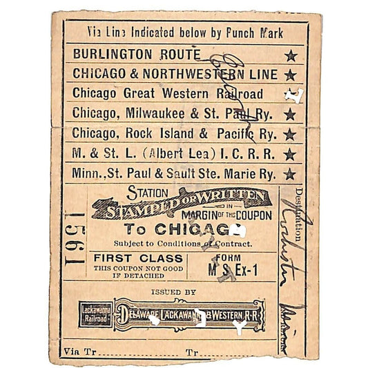 Delaware Lackawanna & Western Railroad Ticket 1923 to Chicago