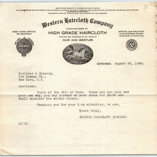 Western Haircloth Co 1922 Letterhead Chicago Dealers Importers Hair and Bristles