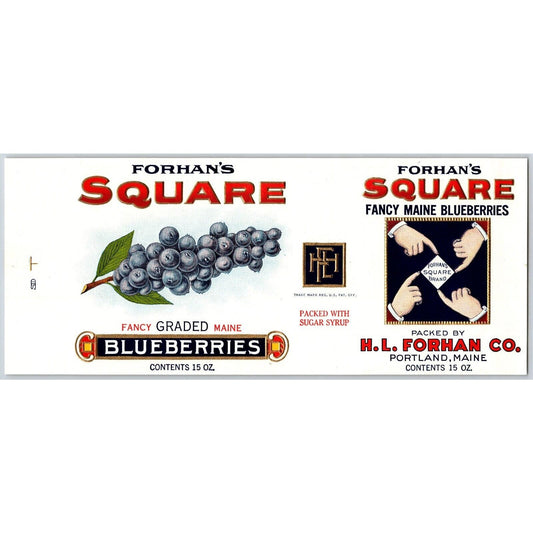 Forhan's Four Square Brand Blueberries Paper Can Label Portland c1920's Scarce