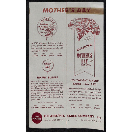 3 c1950's Philadelphia Badge Co. Pinback Button Ribbon Catalog Sheet Flyers