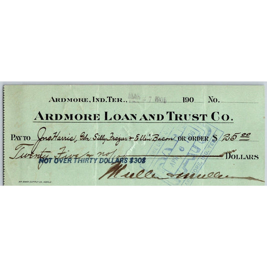 Ardmore, OK 1905 Indian Territory "Ardmore Loan and Trust" Check $25 - Scarce