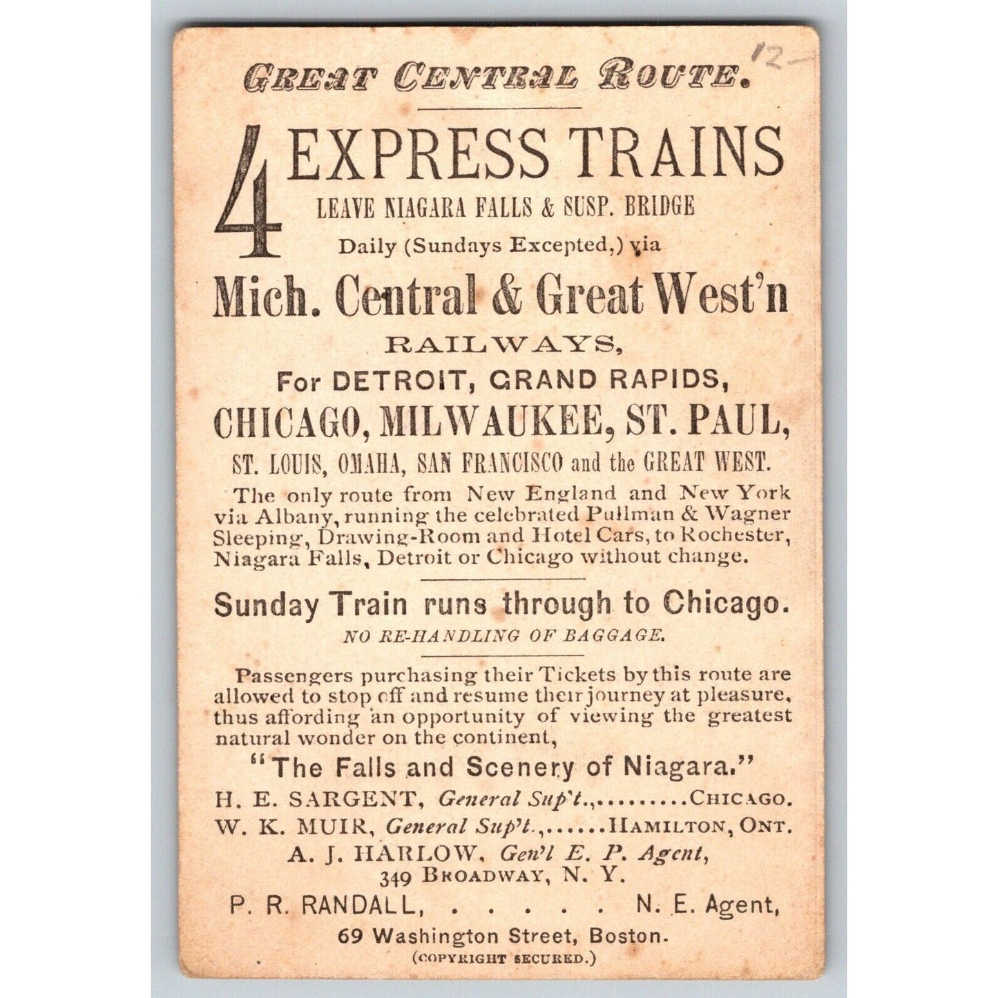 Michigan Central and Great Western Railways Victorian Trade Card - Scarce